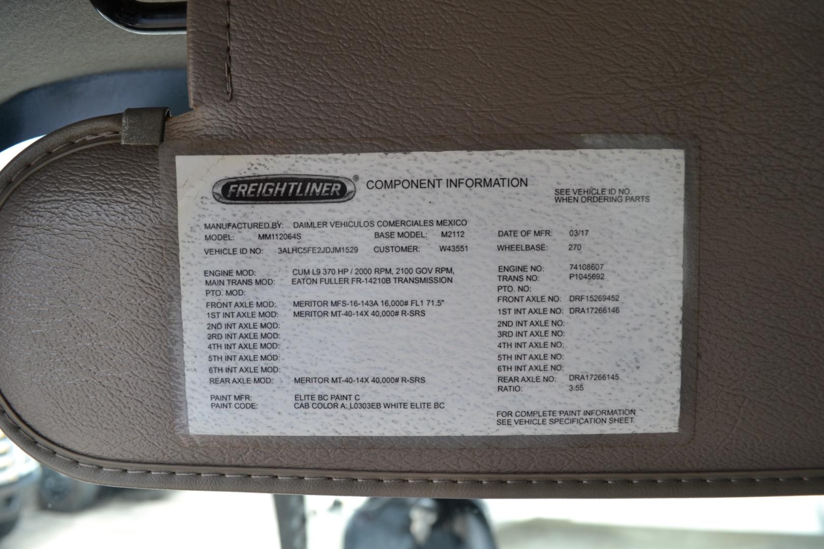 2018 WHITE /BLACK FREIGHTLINER M2-112 with an CUMMINS L9 8.9L 370HP engine, EATON FULLER 10SPD MANUAL transmission, located at 9172 North Fwy, Houston, TX, 77037, (713) 910-6868, 29.887470, -95.411903 - Photo#16